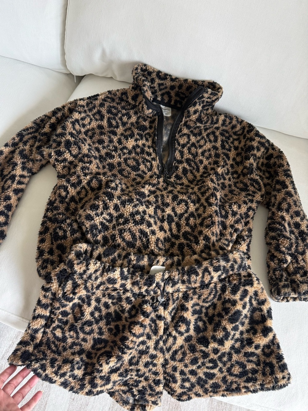 Cheetah Print Sherpa quarter zip jacket & Shorts Set - Brown and black size XS/